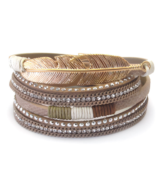 Metal feather and crystal leather wrap bracelet